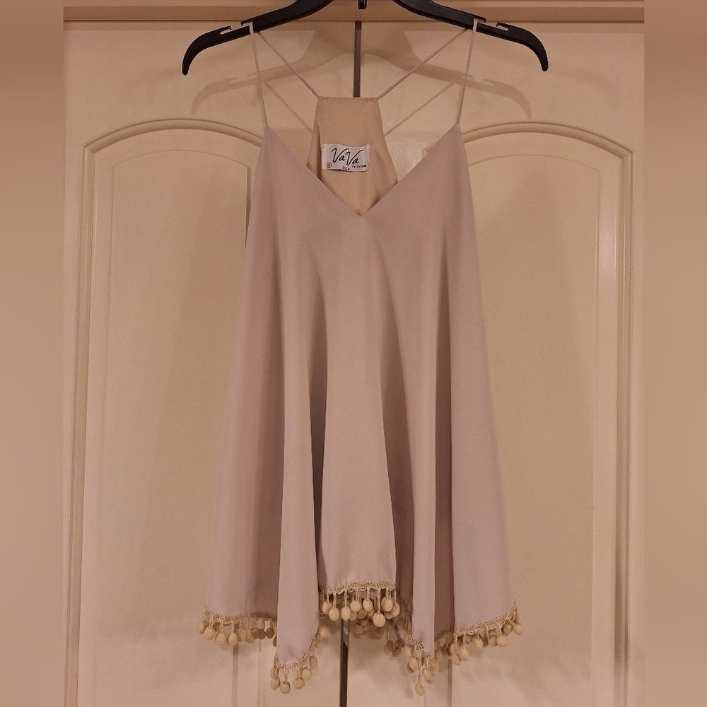 VaVa by Joy Han Racerback Satin Tank Top w/ Pom Pom Trim in Cream Beige